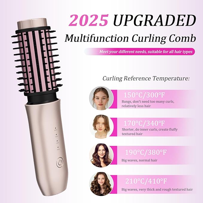 Cordless Hair Curling Iron Brush, Travel Curl Brush, 3-in-1 Portable Curling Iron Cordless, Plasma Thermal Hair Brush, 7000mAh USB Rechargeable Curlings Wand, Mini Hot Curlings Brush-Blush Pink