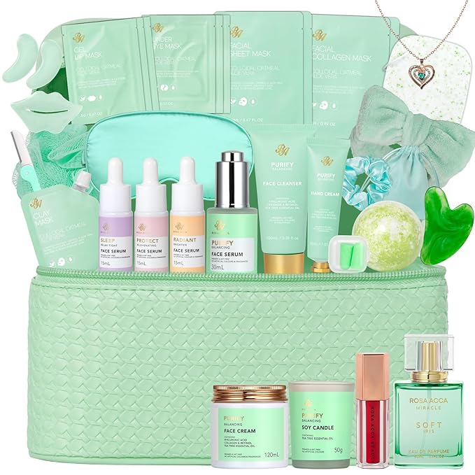 Christmas Gifts for Women, 33 Pcs Tea Tree Collagen Face Sheet Mask, Skin Care Gift, Self Care Kit Spa Gift Baskets, Necklace, Lip Gloss, Bath and Body Set, Face Serum, Mother Day, Birthday Present