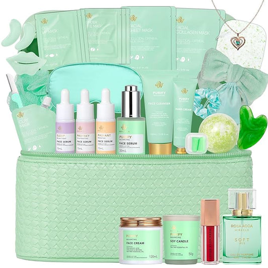 Christmas Gifts for Women, 33 Pcs Tea Tree Collagen Face Sheet Mask, Skin Care Gift, Self Care Kit Spa Gift Baskets, Necklace, Lip Gloss, Bath and Body Set, Face Serum, Mother Day, Birthday Present