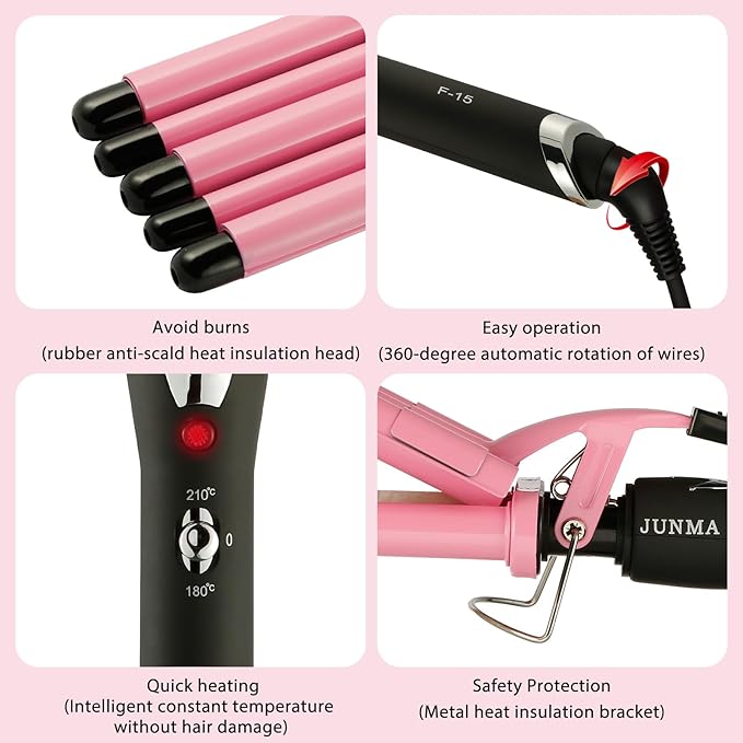 Hair Curling Iron 5 Barrel Hair Crimper 16mm Curling Wand Two-Gear Temperature Adjustable Ceramic Curler Curling Iron Waver with Heat Resistant Gloves