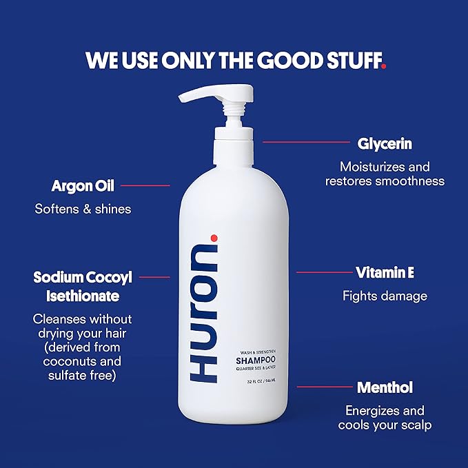 Huron Men's Fresh Scent Daily Shampoo - Keeps Hair Full & Strong - Nourishing Shampoo for Men's Hair with Argan Oil & Vitamins E and B7-32oz