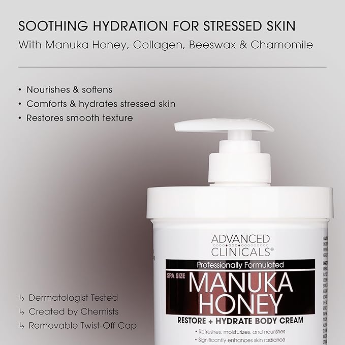 Advanced Clinicals Manuka Honey Body Cream For Women & Men | Body Butter Lotion For Extremely Dry Skin | Collagen Cream | Skincare Moisturizer Hydrating Balm Improves Look Of Aging Skin, 16 Ounce