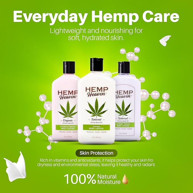 Hemp Heaven Hemp Lotion - Lotion Coconut Bliss Scent - Natural Hemp Seed Oil, Paraben-Free, 12 oz, Made in USA, Nourishing for Men & Women, EWG Verified, Anti-Aging