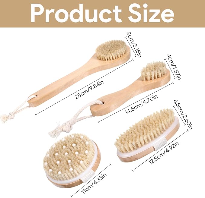 4 Pcs Dry Brushing Body Brush for Lymphatic Drainage, Pore Cleaning Brush Set Long Handle Back Scrubber for Shower, Soft Dry Brush for Body Face, Bath Brushing Cellulite Exfoliating Brushes