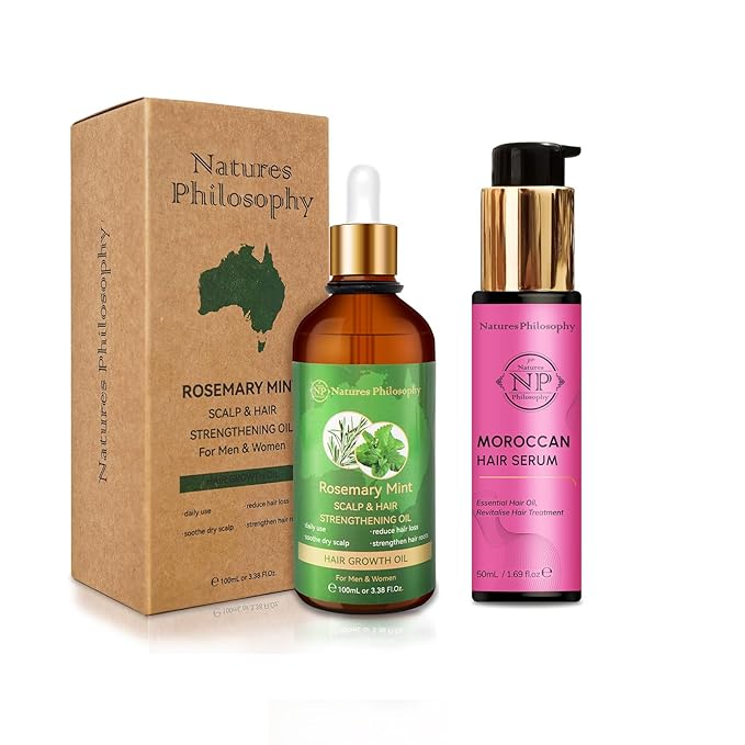 NP NATURES PHILOSOPHY Moroccan Argan Oil & Rosemary Hair Growth Oil Set, Organic Hair Serum, Anti-Frizz, Anti-Hair Loss, Adds Shine, Quickly Absorbed & Non-Greasy, Aussie Hair Products for Men & Women