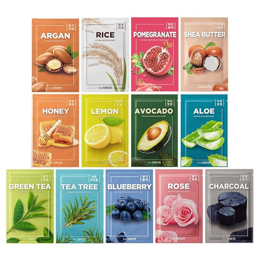 THESAEM Natural Sheet Mask Pack Set 13 Sheets - Korean Face Mask Variety Pack - Moisturizing, Revitalizing, Soothing, Elasticity - Vegan Sheet Essence Masks for All Skin Types