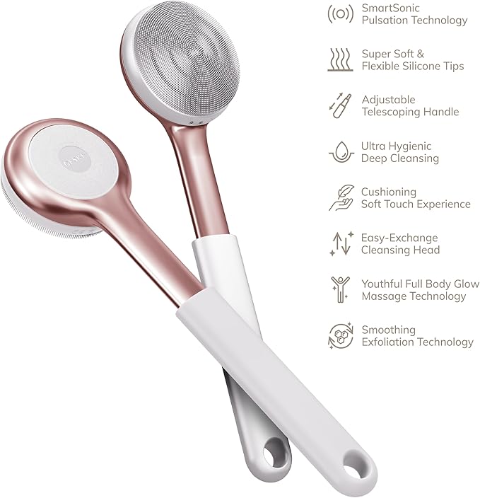 GESKE Sonic Full-Body Brush & Intensive Exfoliator | 8 in 1 | Electric Body Cleansing Brush | With SmartSonic Pulsations | Deep Cleansing, Exfoliation, Massage | Extendable Handle | Rough Skin Remover