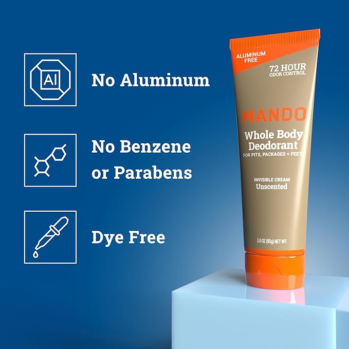 Mando Whole Body Deodorant For Men - Invisible Cream - 72 Hour Odor Control - Aluminum Free, Baking Soda Free, Skin Safe - 3 ounce (Pack of 2) - Unscented