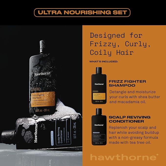 Hawthorne Ultra Nourishing Shampoo and Conditioner Set. Mens Curly Hair Shampoo and Conditioner Set with Frizz Fighter Shampoo and Scalp Reviving Conditioner. Sulfate Free, Paraben Free. 8 fl. oz each