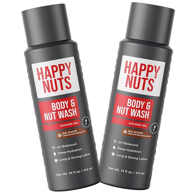 HAPPY NUTS Big Wood Body and Nut Wash - Moisturizing Men's Shower Gel, Natural Bodywash with Deep Cleanse for Sensitive Skin - Men's Soap (2 Pack, Big Wood)