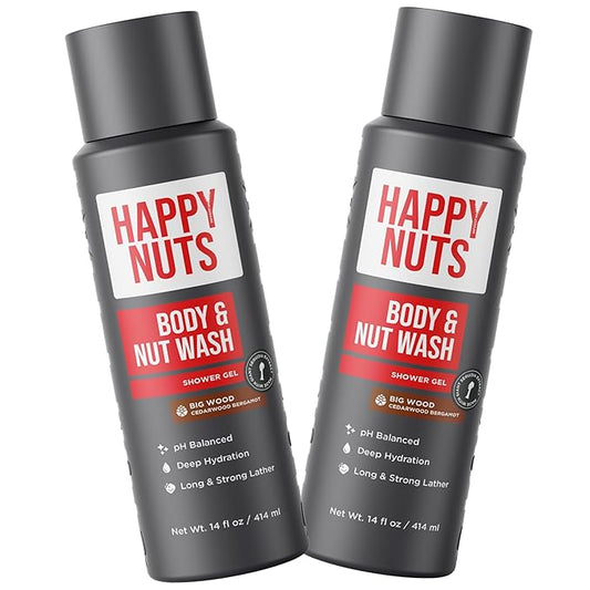 HAPPY NUTS Big Wood Body and Nut Wash - Moisturizing Men's Shower Gel, Natural Bodywash with Deep Cleanse for Sensitive Skin - Men's Soap (2 Pack, Big Wood)