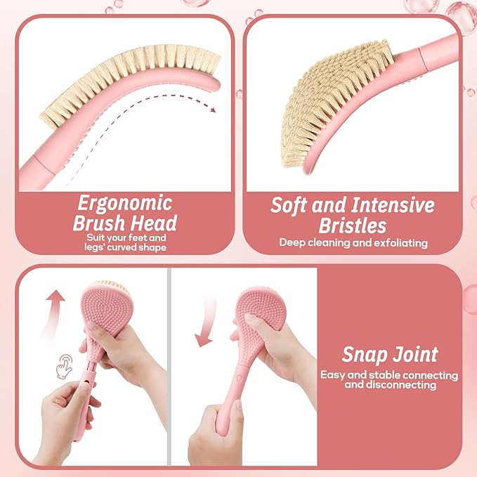 New Foot Brush & Back Scrubber Set 2PCS, 10.2''- 27.5'' Adjustable Foot Scrubber for Shower, 18.9'' Shower Back Scrubber with 3-Length Usage, Great Aid for People with Limited Mobility(Pink)