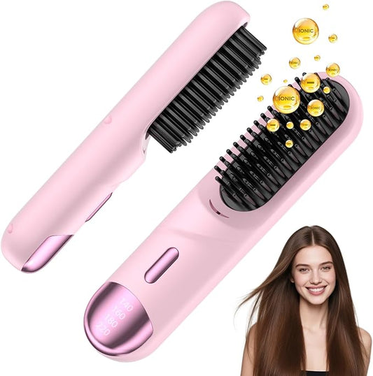 Go Brush Pro 2025 Hair Straightener Brush 300 Million Negative Ionic Portable Hair Straightener Comb for Women with 4 Temps Fast Heating MCH Ceramic Coating Smooth Frizz Hair Light Pink