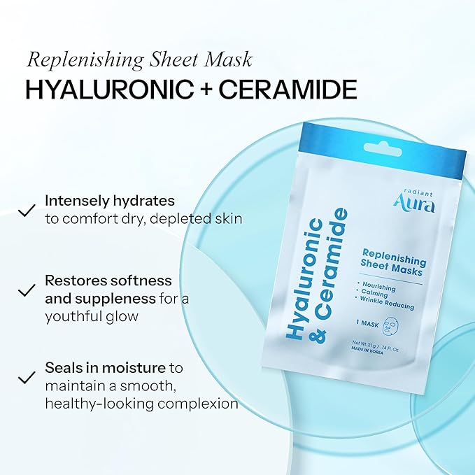 Hyaluronic & Ceramide Sheet Mask – Dermatologist Tested Korean Face Mask for Hydration, Wrinkle Care & Skin Nourishment – Collagen Facial Sheet Mask for Calming & Smoothing – 5 Pack