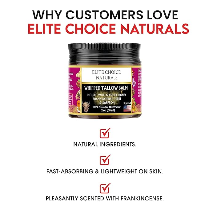 Whipped Tallow Honey Balm – Grass-Fed Beef Tallow infused with Organic Manuka Honey, Rosehip, Jojoba & Olive Oils – Nourishing Face, Neck & Body Lotion, 100% Organic (Frankincense Scent - 2 oz)