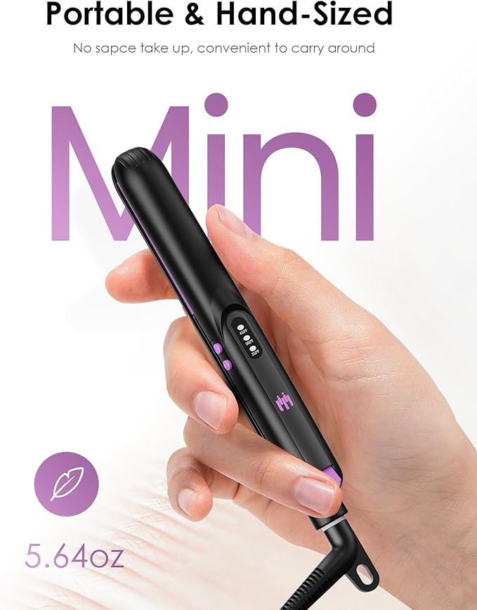 Mini Ceramic Flat Iron 0.7 Inch, Hair Straightener for Short Hair, Curls, Bangs - Adjustable Temperature, Portable Dual Voltage with Travel Pouch for Women, Men