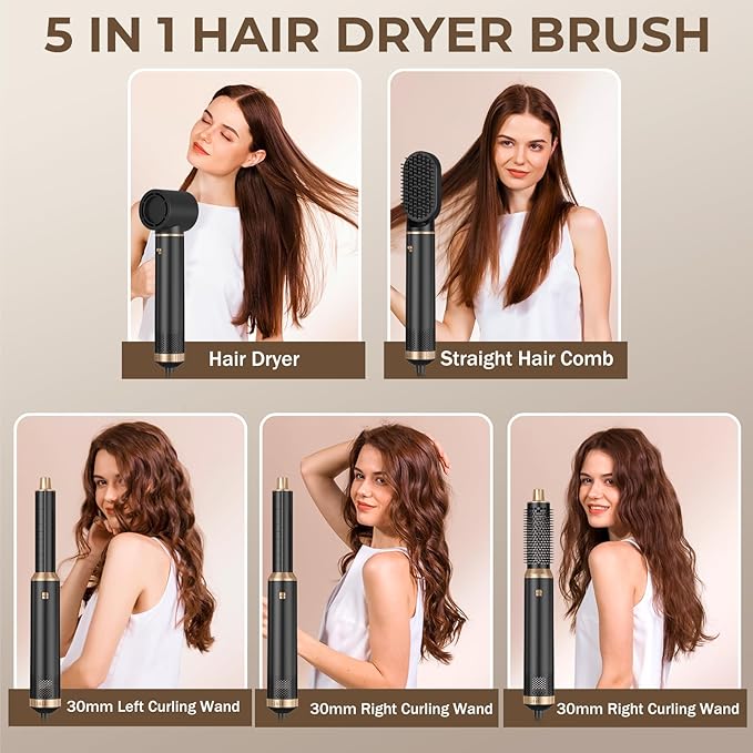 5 in 1 Blow Dryer Brush, Negative Ion Hair Dryer Brush Set Upgrade Hot Air Brush Air Styler Curling Wrap Air Curler, Curling Iron Hair Styling Tools As A Gift for Straight/Curl/Drying/Smoothing