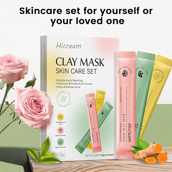 Turmeric Clay Mask, Rose Face Mask & Green Tea Mud Mask 12 PCS - Spa Facial Mask Set Gift for Women & Men, Skin Care Set for Deep Cleansing, Moisturizing, and Refining Pores,Travel-Friendly & Portable