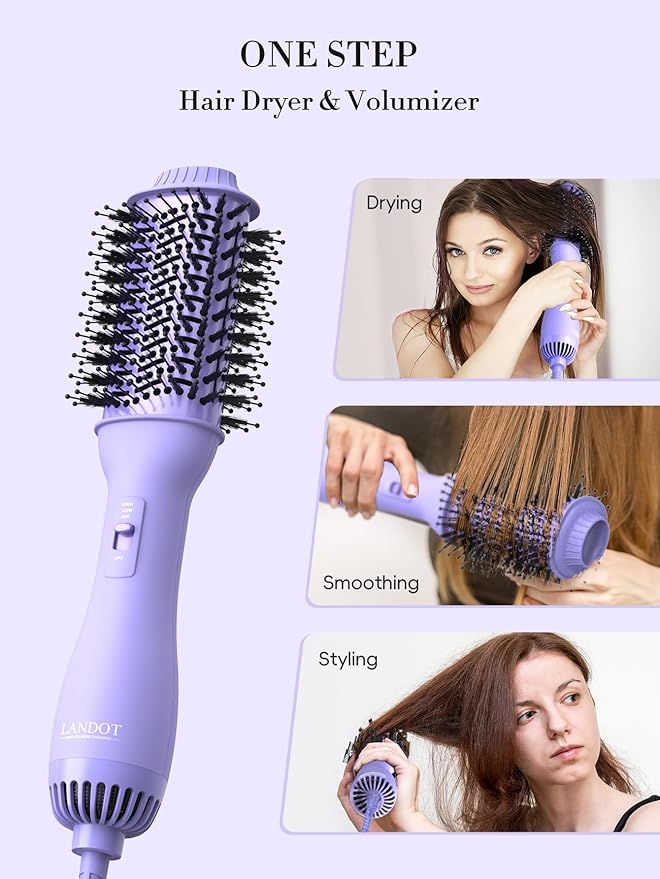 LANDOT 4-in-1 Blow Dryer Brush for Thick & Coarse Hair, Powerful Blowout Brush Styler with 60mm Oval Barrel,Fast Hair Drying & Frizz Control for Salon-Smooth and Manageable Hair at Home