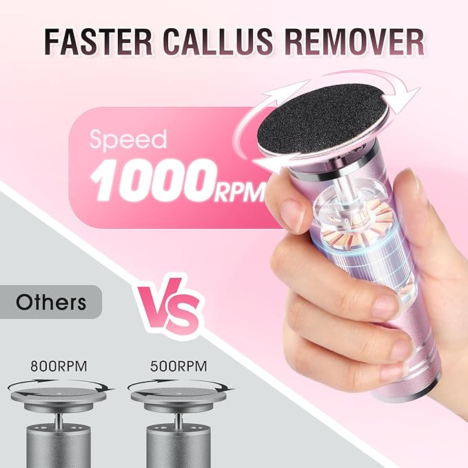 Electric Foot File Callus Remover: Adjustable Speed 1000RPM Feet File Grinder with 60 Pcs Sandpaper Discs - Professional Pedicure Tools for Dead Skin Calluses (Pink)