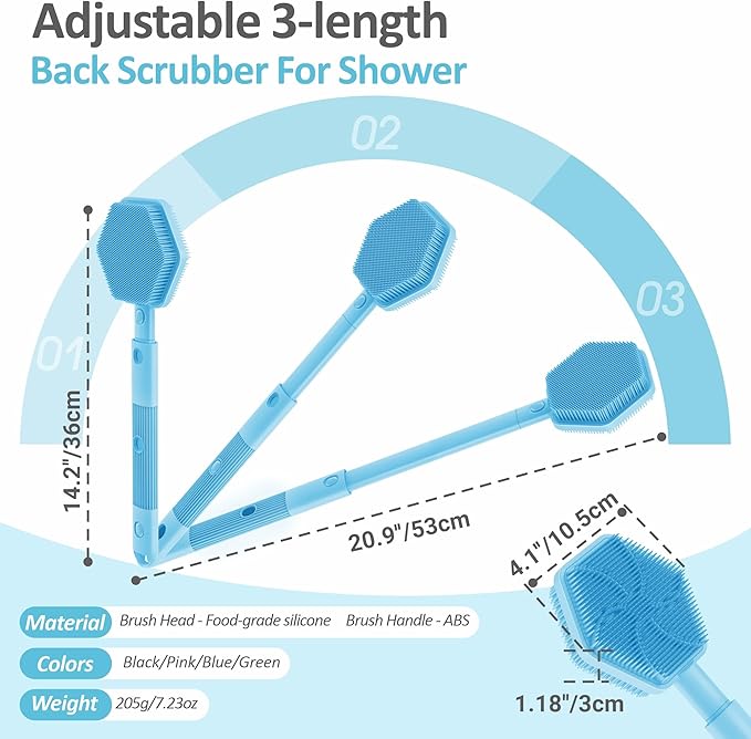 Silicone Back Scrubber for Shower, 16''-21''Extendable Shower Back Scrubber with Dual-Side Large Brush Head, 3-Length Back Brush Bath Brush with Strong Handle & Rich Foaming Bristles(Blue)