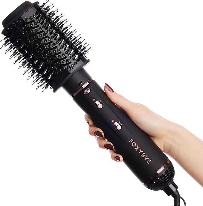 Foxybae Super Styler – 4-in-1 Blow-Dryer Brush Set - Diffuser, Blowout-Brush, 1.25” Curling Barrel & Drying Cylinder - Voluminous, Frizz-Free Hair - Dryer, Straightener & Curler (Black Rose-Gold)