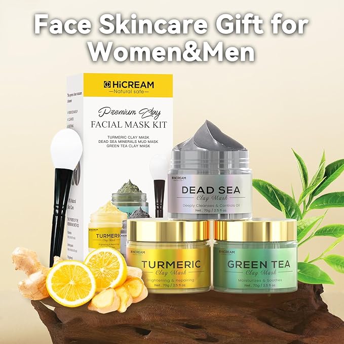 Turmeric Clay Mask, Green Tea, Dead Sea Minerals Mud Mask, Spa Facial Mask 3-Piece Set for Deep Cleansing, Moisturizing and Refining Pores, Vegan & Cruelty-Free, 7.5 fl.oz