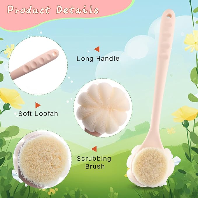 2 Pcs Body Shower Brush Long Handle Back Scrubber Brush with Bristles and Loofah Mesh Sponge for Skin Exfoliating Bath Wet Dry Massage Brushing - Pink