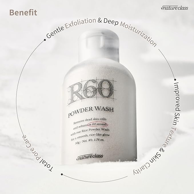 R60 Rice Enzyme Face Wash Powder – Exfoliating Facial Cleanser with Rice Bran Extract, Gentle Powder Wash for Sensitive Skin, Deep Pore Care, Korean Skin Care, Fragrance Free, 1.76oz