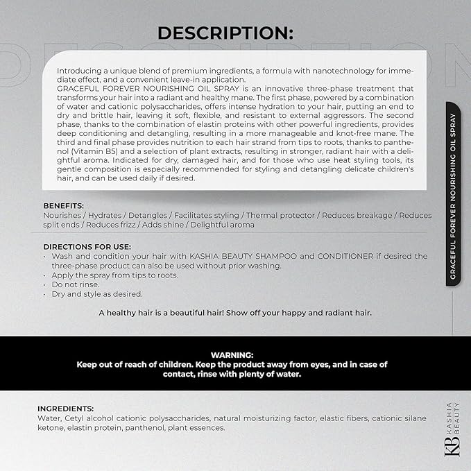 Kashia Beauty Graceful Forever Nourishing Oil Spray 9.6 oz – Leave-In Three-Phase Treatment with Nano Technology – Hydrating Detangler & Thermal Protector for Radiant Healthy Hair