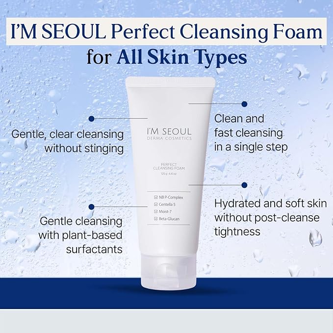 I'M SEOUL Cleansing Foam Gentle Micellar Facial Cleanser with Plant-Based Surfactants NB P-Complex Centella Beta-Glucan Hydrating Korean Face Wash 4.41 oz