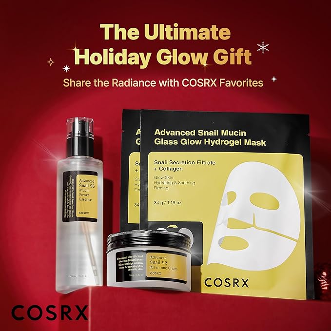 COSRX Snail Mucin Limited Holiday Gift Set with Snail Mucin Repairing Serum, Moisturizer & Collagen Face Mask, Korean Skin Care Set, Stocking stuffers, Gifts for Women, Amazon Exclusive