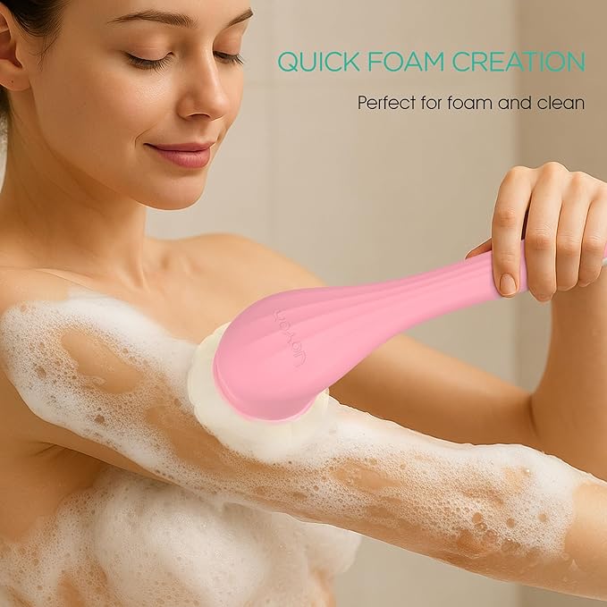 VOYOR Electric Body Brush Back Scrubber Silicone Body Scrubber Two-Way Rotating Brush Head for Deep Cleaning, Exfoliation, 4 Attachments Long Handle IPX6 Rechargeable Shower Brush BC300 (Pink)