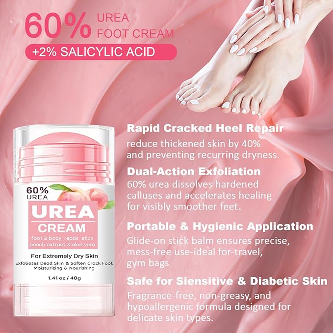 60% Urea Cream plus 2% Salicylic Acid - Maximum Strength Foot Cream for Dry Cracked Heels, Callus Remover, Dead Skin Exfoliator, Peach Scent Moisturizing Lotion for Hands, Knees, Elbows - 1.41oz