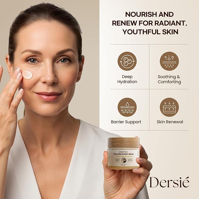 Dersie Tallow and Honey Balm for Face: 100% Grass-Fed Whipped Tallow Balm with Manuka Honey for Dry, Sensitive & Mature Skin – Deep Hydration & Soothing – Suitable for Women, Men & Kids (2.1 oz)