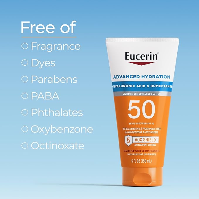 Eucerin Sun Advanced Hydration SPF 50 Sunscreen Lotion, Lightweight Sunscreen with Hyaluronic Acid and Humectants, Hypoallergenic, Fragrance Free, No Oxybenzone or Octinoxate, 5 Fl Oz Tube