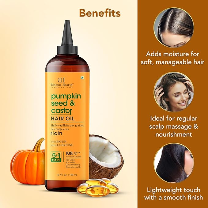 Botanic Hearth 100% Pure Pumpkin Castor Oil for Hair Growth | Infused with Pumpkin, Castor, Biotin | Hair Oil Repairs Dry Damaged Hair, Strengthening, Healthier - Hair Tonic, 6.7 fl oz