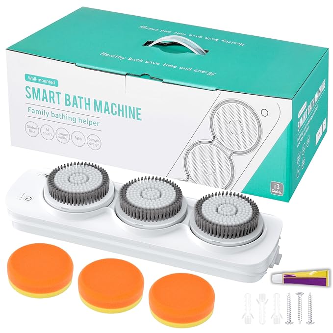 Electric Back Scrubber for Shower, Wall Mounted Electric Shower Back Scrubber, Dry Brushing Body Brush for Bathing, Cleansing, Exfoliating and Massaing, with 3 Spin Skin Bath Brush Heads