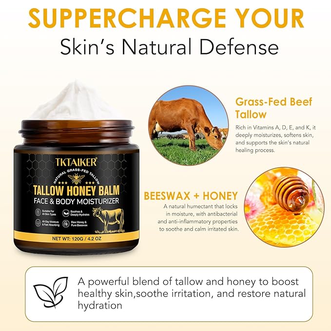 Beef Tallow for Skin, Beef Tallow for Face, Hydrating Tallow Balm with Raw Honey and Beeswax, Grass-Fed Beef Tallow & Raw Wild Honey Blend, Body & Face Moisturizer, Natural Formula, Light Scent