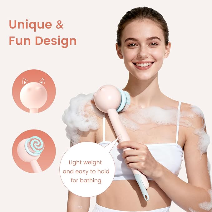 Electric Back Scrubber for Shower Body Brush, Waterproof Shower Body Scrubber for Cleansing, Massaging, Rechargeable Spinning Bath Brush for Kids & Adults with 2 Heads & 3 Speed Modes, Pink