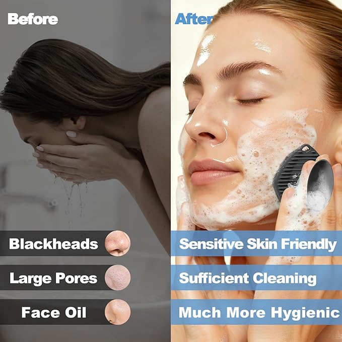 2 Pack Face Scrubbers, Silicone Face Scrubber Soft Bristles, Gentle Lather, Exfoliating & Deep Cleaning for Sensitive Skin, Giant Suction Cup Stick Securely, Easy to Store (Black + Gray)