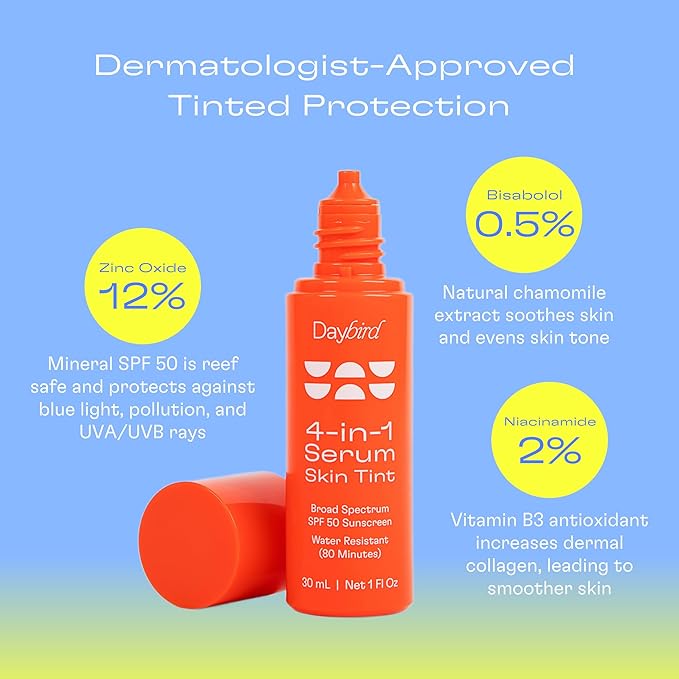 Daybird 4 in 1 Tinted Serum, Tinted Moisturizer and Sunscreen for Face, SPF 50+ Niacinamide, 1 Ounce (Medium-Deep)