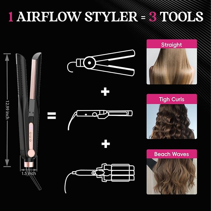 SKIMI Airflow Styler, Titanium Flat Iron Hair Straightener, Professional Curling Iron with Cooling Air Vents to Lock in Style, 5 Temps & Dual Voltage, Auto Off (Black & Rose Blush).