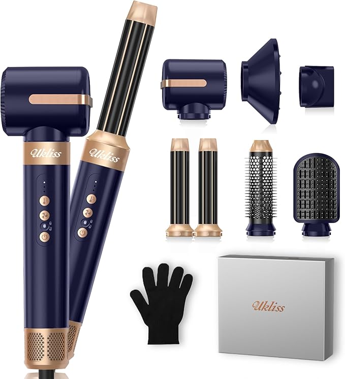 UKLISS Hair Dryer Brush 7 in 1，110000 RPM Hair Dryer with Diffuser for Curly & Twisted Hair Professional Ionic Brush Blow Dryer for Salon-Quality Styling (Blue Gold)