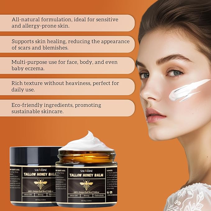 Organic Tallow Honey Balm for Nourishing Face and Body Cream,100% Grass-Fed Beef Tallow Body Butter For Dry Skin Moisturizing With Olive Oil,Honey,Calendula For Sensitive Skin Repair -60G(2.16Oz)