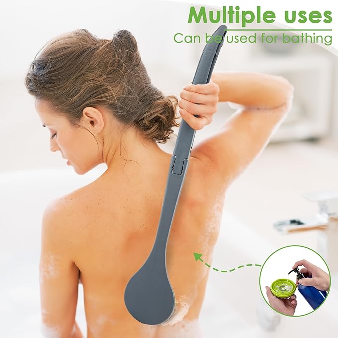 21" Lotion applicator for Back,Silicone Body Scrubber,Foldable Bath Brush with Shower Gel Reservoir,Back Scrubber for Shower with Curved Handle for Elderly, Disabled,Men and Women