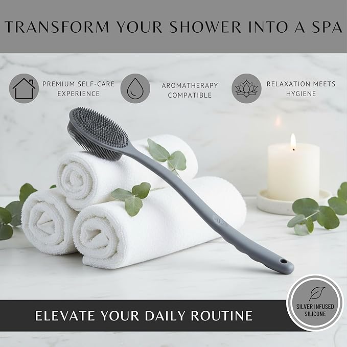 Silver Infused Long Handle Back Scrubber - 19 inch Premium Extended Reach Body Brush - Avilana Advanced Material Bath Tool Easy Grip - Luxury Body Wash Brush Gift