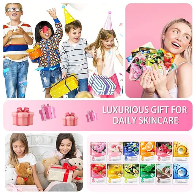 Kaely 12 Pack Variety Face Masks for Kids, Kids Face Mask Spa Day Kit Supplies, Spa Party Favors for Teens Girls Night, Sheet Facial Mask Skincare Gifts Set, Hydrating Soothe for All Skin Types, 01