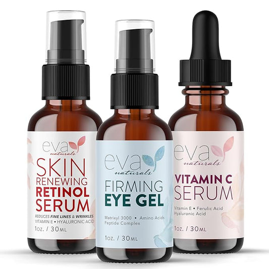 Eva Naturals Facelift in a Bottle Serum Set – Vitamin C, Retinol & Eye Gel for Face & Eyelid – Firming Wrinkle Moisturizer Kit – Dark Circle, Eye Bag & Neck Care – Anti Wrinkle Skin Care for Women