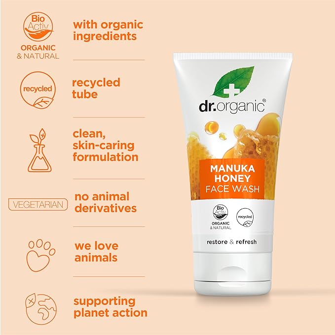 Dr. Organic Manuka Honey Face Wash | Gentle, Soothing, Cleansing, For Dry and Sensitive Skin, Certified Organic, Paraben & SLS-Free, Natural, 150 mL / 5 fl oz